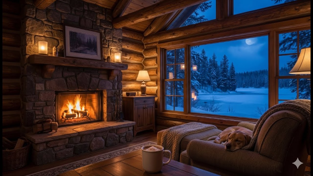 Cozy Fireplace Cabin at Night 🔥 Snowfall Outside | Deep Relaxation & Sleep Ambience 4K