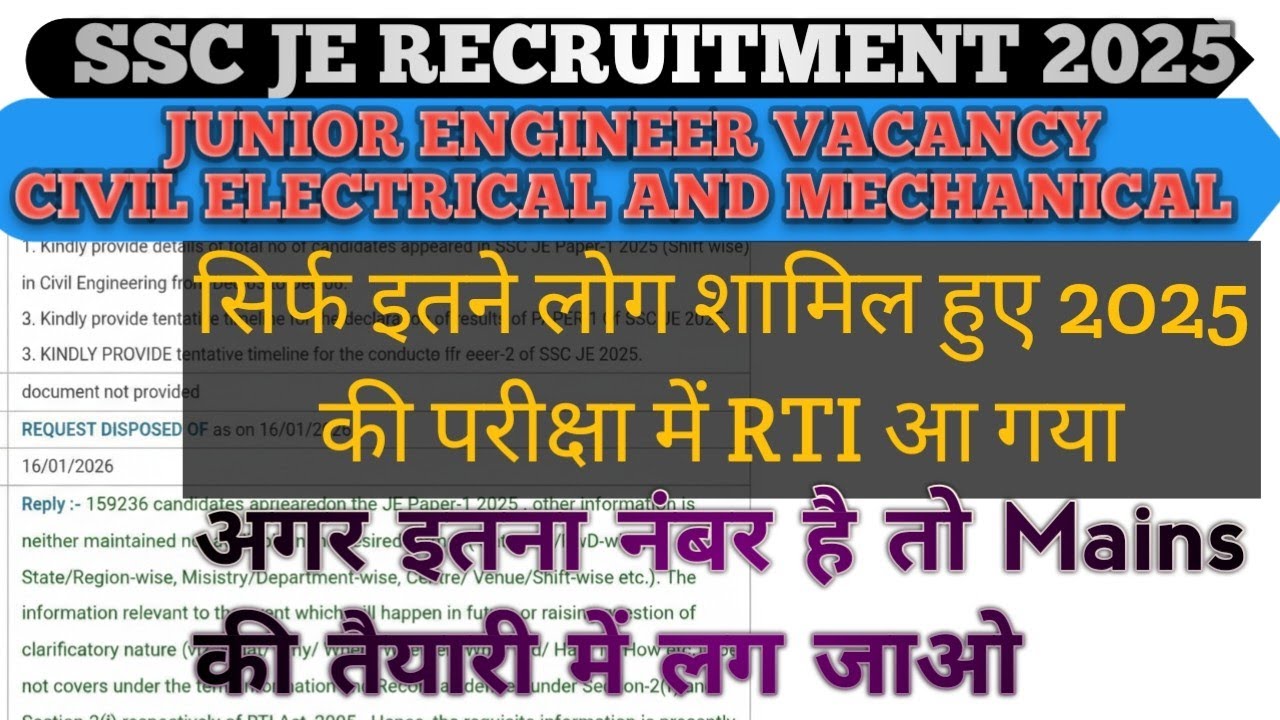 SSC JE 2025 RTI Reply: सिर्फ इतने लोग हुए शामिल? | Safe Score & Cut Off for CBT 2 सभी ब्रांच का 