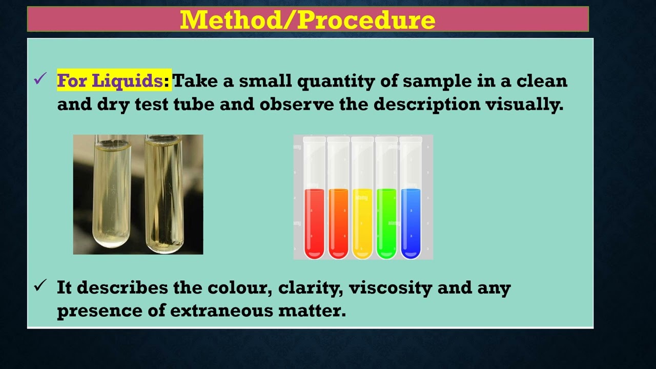 DESCRIPTION/APPEARANCE TEST IN LABORATORY/PHARMA INDUSTRY/API/FORMULATIONS/ANALYST/CHEMIST