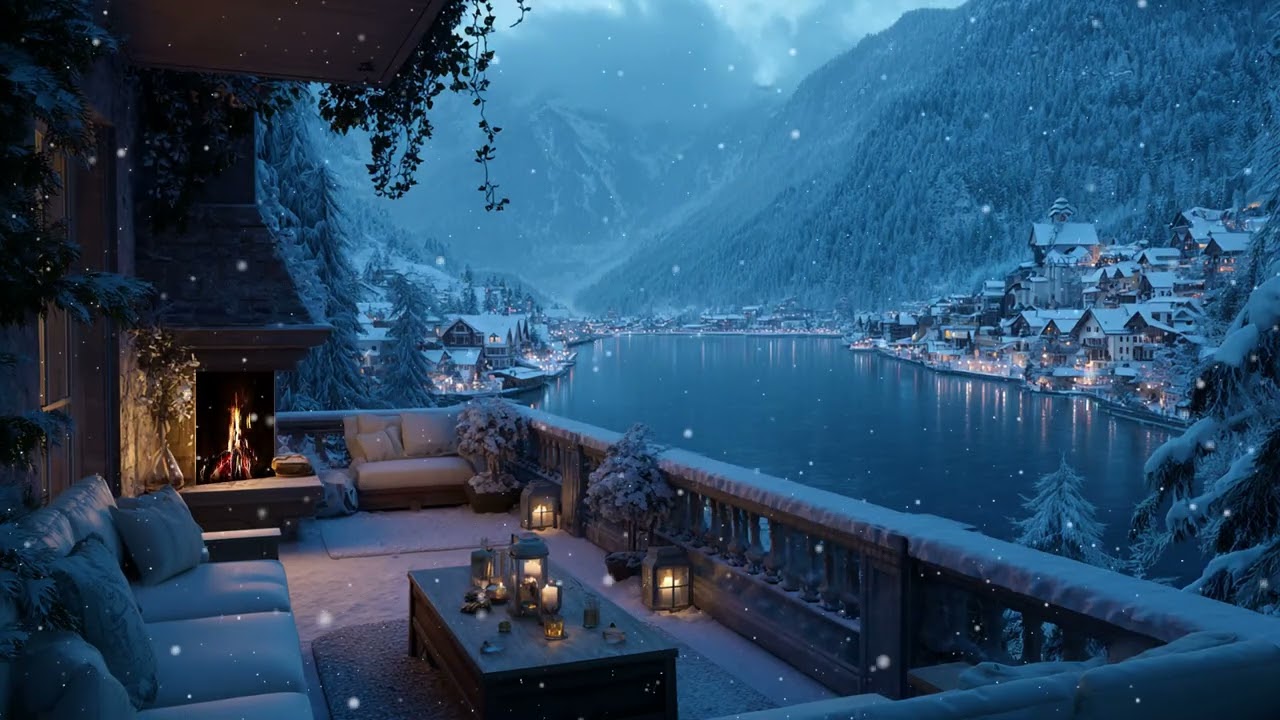 Warm Fireplace Air Filling A Snowy Balcony Scene With Soft Piano Melodies For Serene Winter Nights