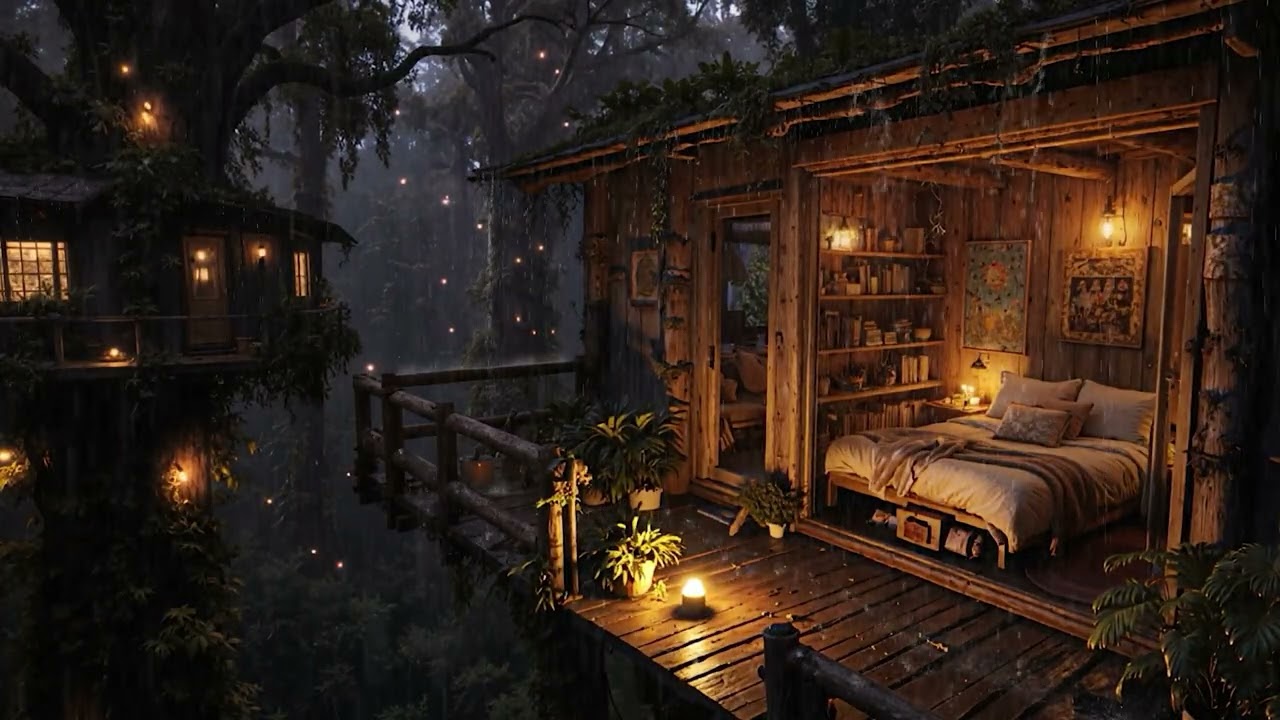 Soft Night Rain Falling on a Quiet Cabin in the Woods 🌲 | Calm Sleep Ambience