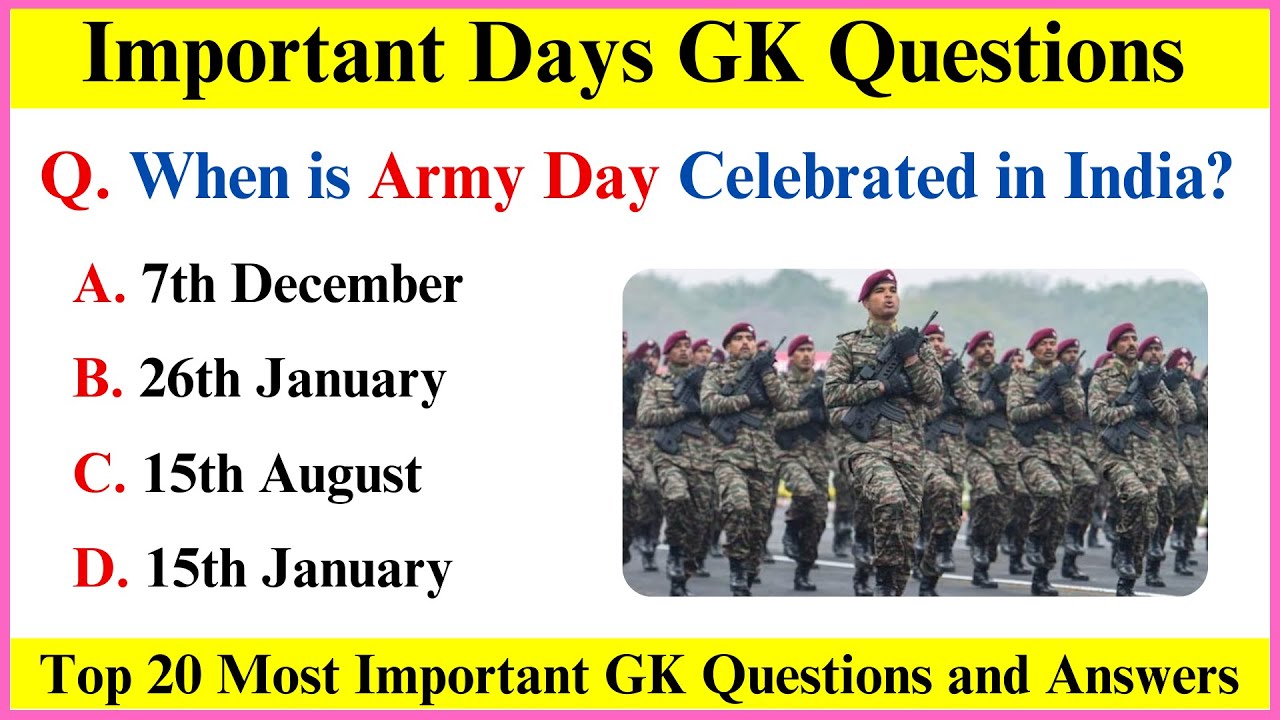 Top 20 Gk Questions and Answers | Important Days in India | GK Questions in English