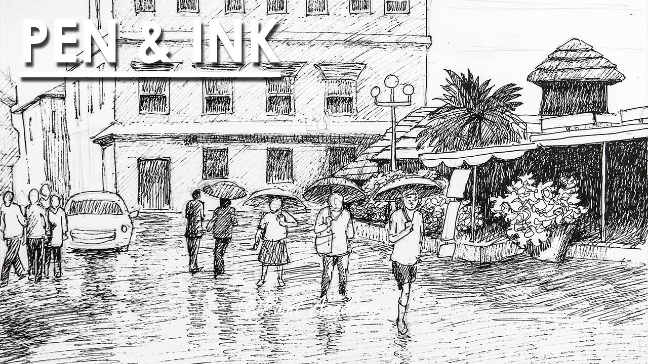 Pen & Ink Rainy Cityscape Drawing step by step