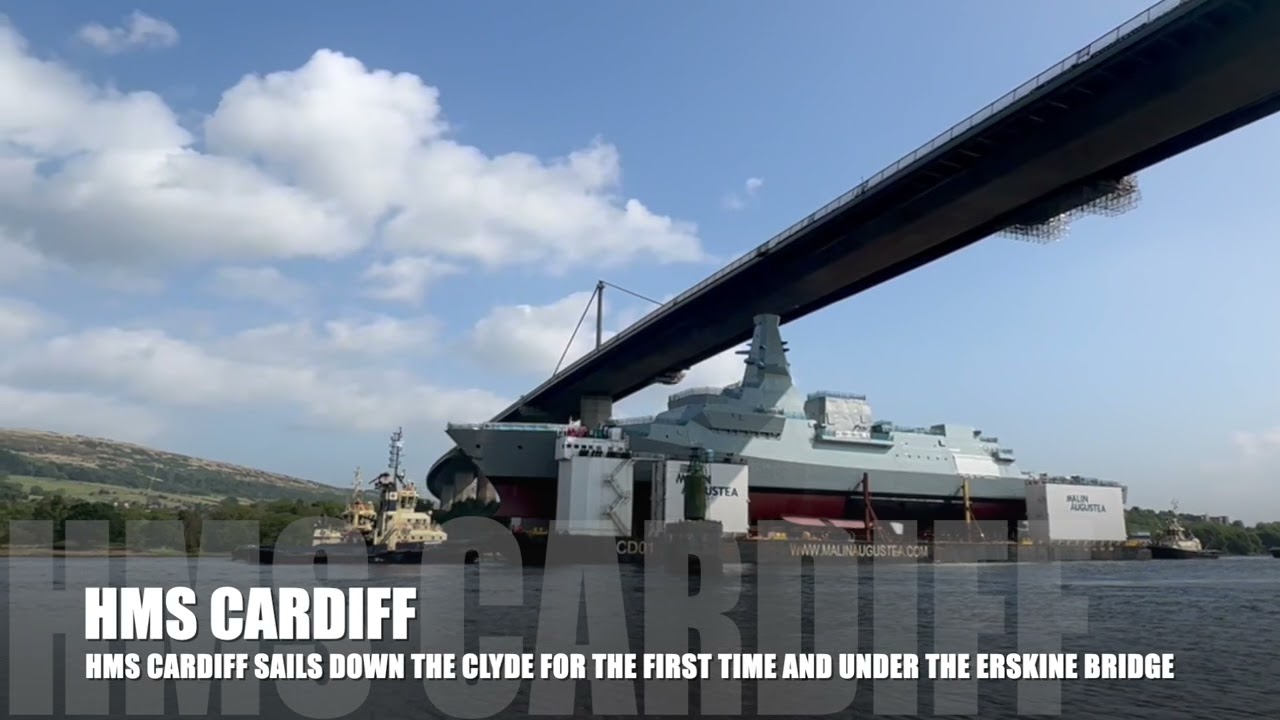 HMS Cardiff sails down the River Clyde under the Erskine Bridge