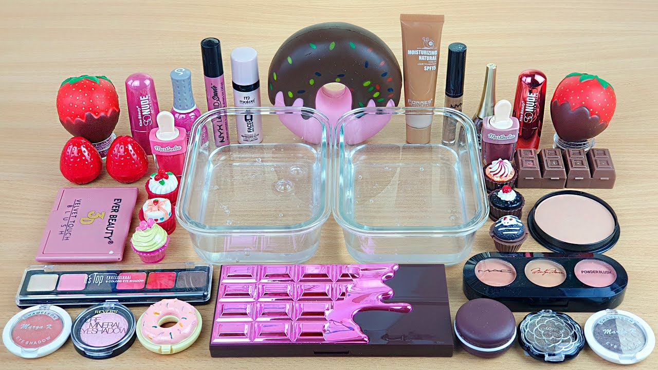 Strawberry vs Chocolate SLIME   Mixing makeup and glitter into Clear Slime Satisfying Slime Videos