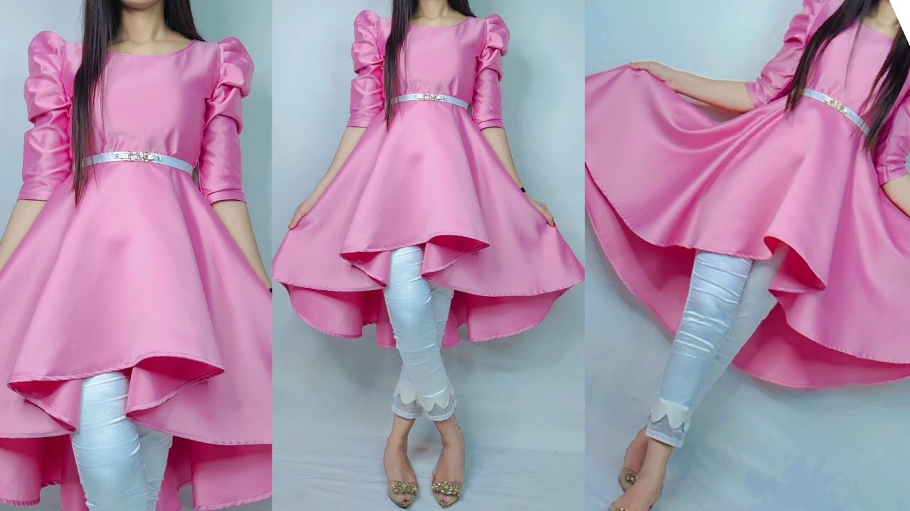 Beautiful high low frock cutting and stitching/puff sleeve frock cutting and stitching/stylish kurti