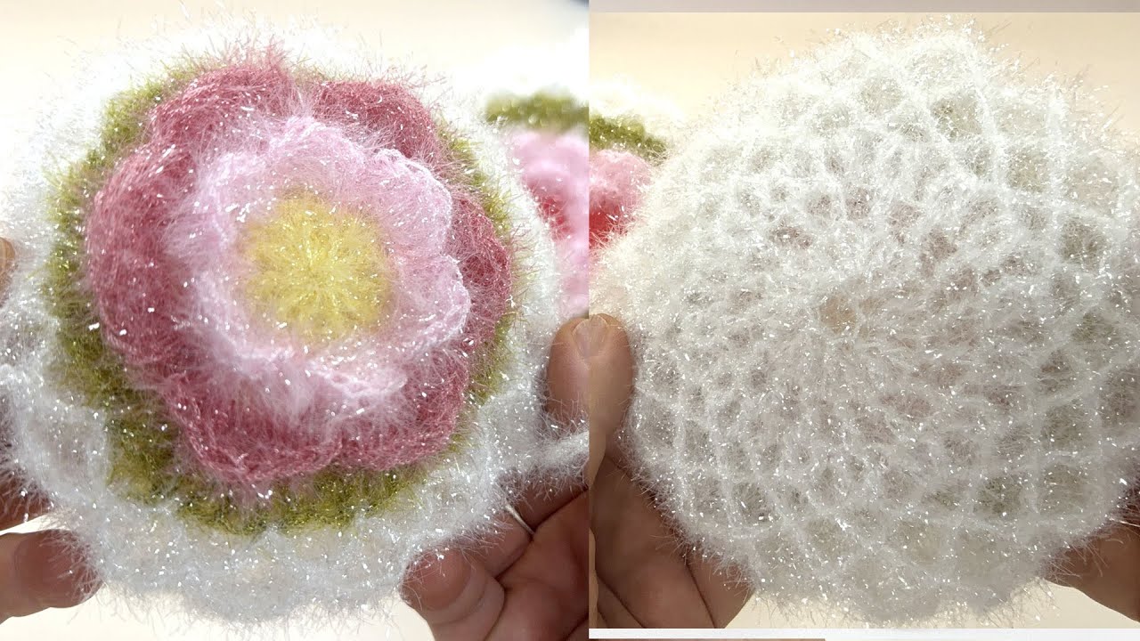 장미꽃 장식이 된 그물망 호빵 수세미 뜨기  / 코바늘 수세미 /  Crochet Dish Scrubby / flower crochet