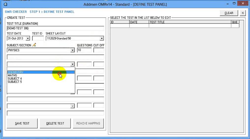 OMR Sheet Checker Operation (Define Test)