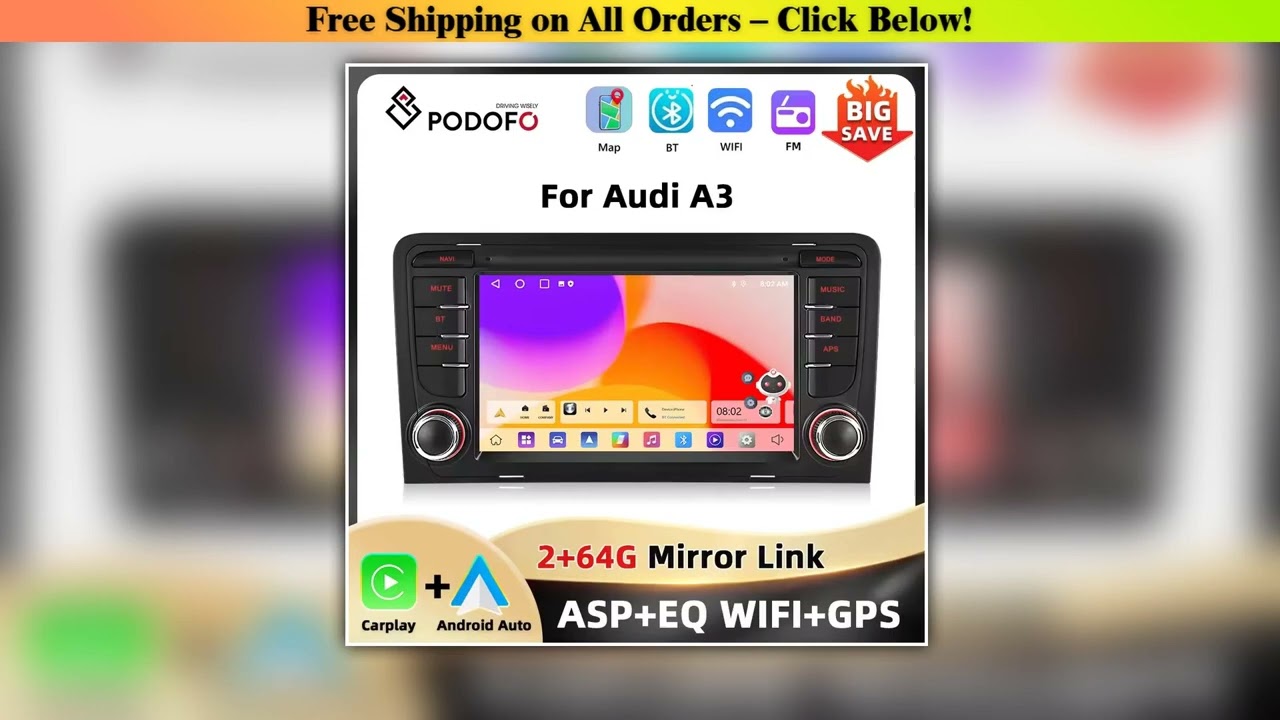 Podofo 7'' 2Din Car Radio For Audi A3 8P Multimedia Player GPS Navigation Carplay Android Auto BT