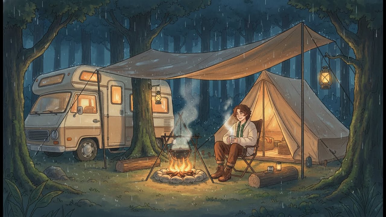 Solo Camping in a Cozy Anime Forest 🌿 Rain, Fire & Warm Stew [Ghibli Inspired ASMR]