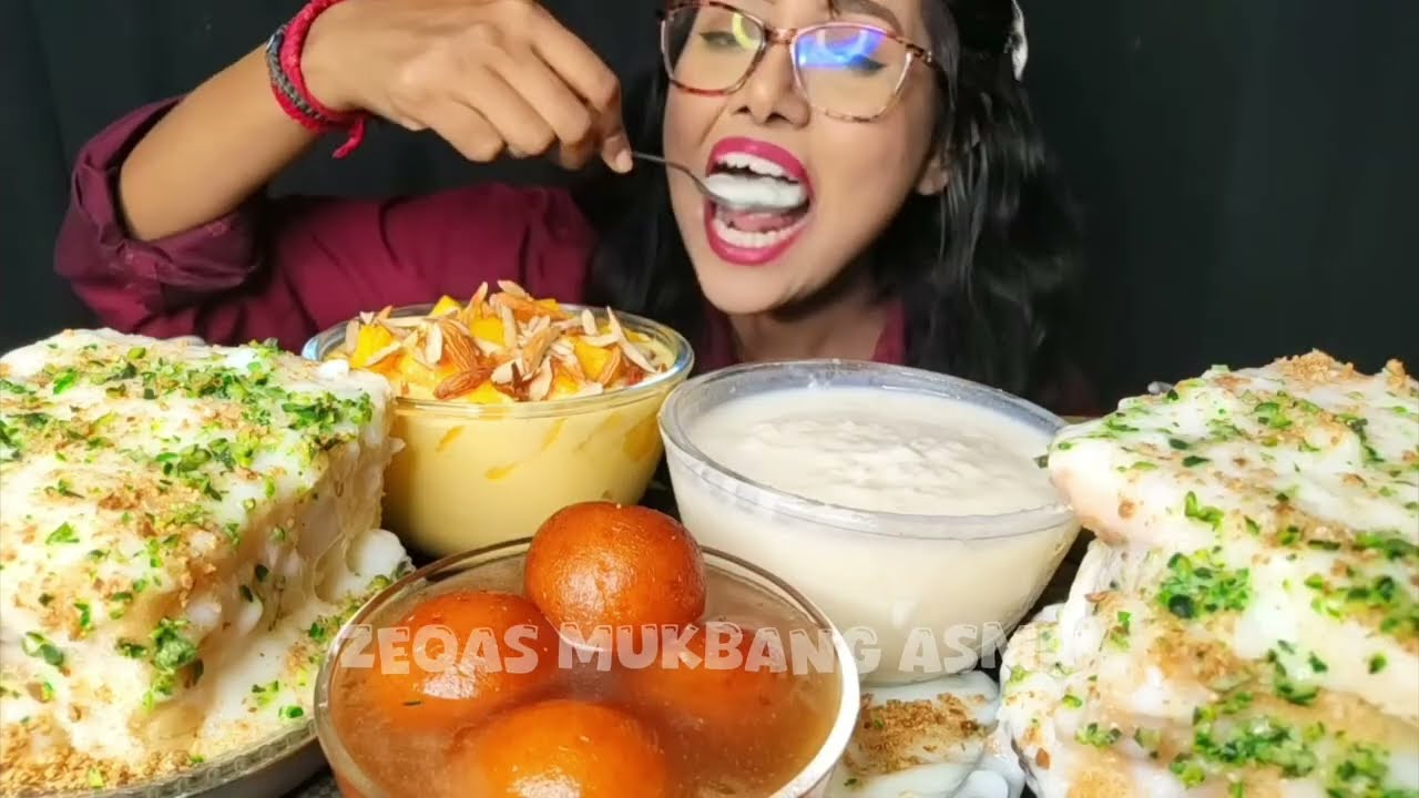Eating Chicken Curry Noodles Rasgullah Kheer Rice salad|#asmrsounds #mukbang #eatingshow 
