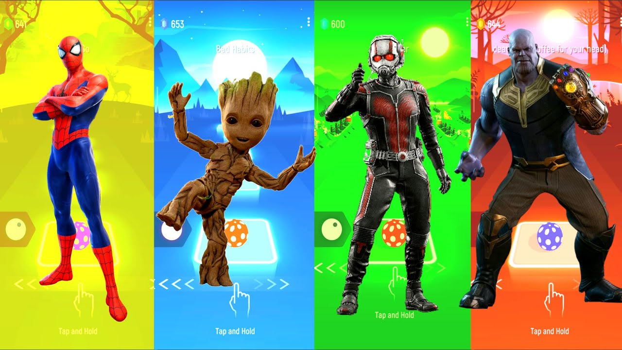 Spiderman 🆚 Baby Groot 🆚 Ant-Man 🆚 Thanos | Marvel Heroes | Tiles Hop Fun Ball