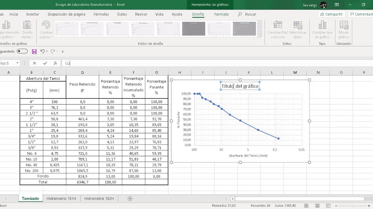 Laboratorio de granulometría Por Tamizado: Hoja de Calculo en Excel