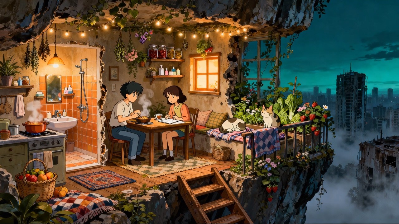 Cozy Post-Apocalyptic Cliffside Home Ambience 🌙 | Relaxing Ambient Music for Study, Sleep & Focus
