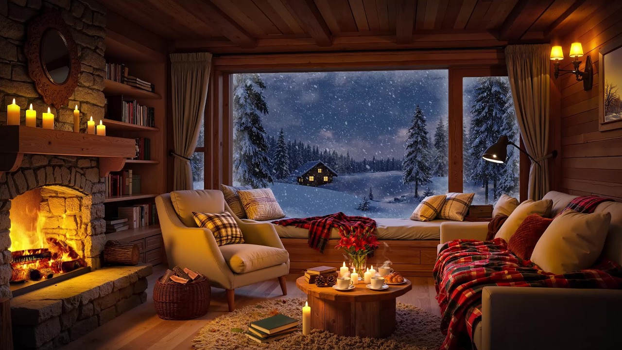 Warm Piano Jazz by the Fireplace | Snowfall Outside a Cozy Cabin for Stress Relief