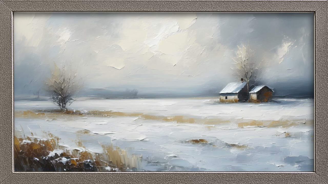 Vintage Moody Abstract House on a Snowy Field Painting 4K Frame TV Art Screensaver TV Art Decor