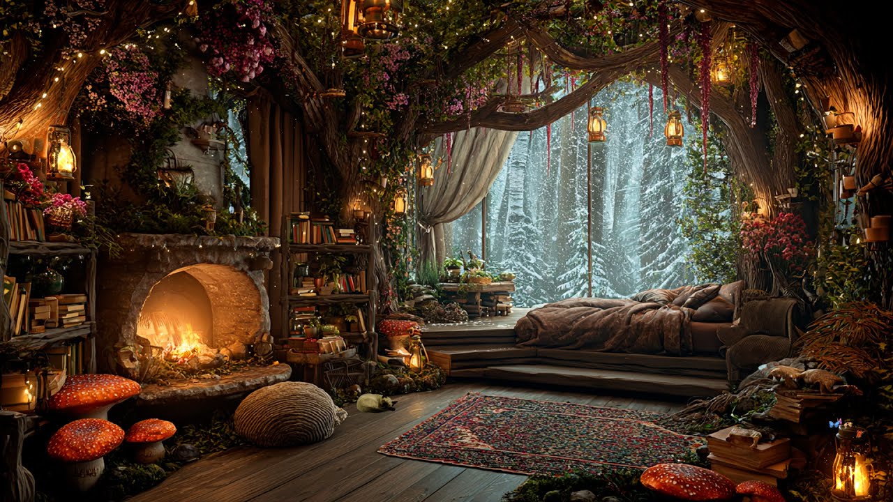 Cozy Winter Getaway Forest Ambience✨ Soothe Magical Forest Music w/ Fireplace ~ Fall into Deep Sleep