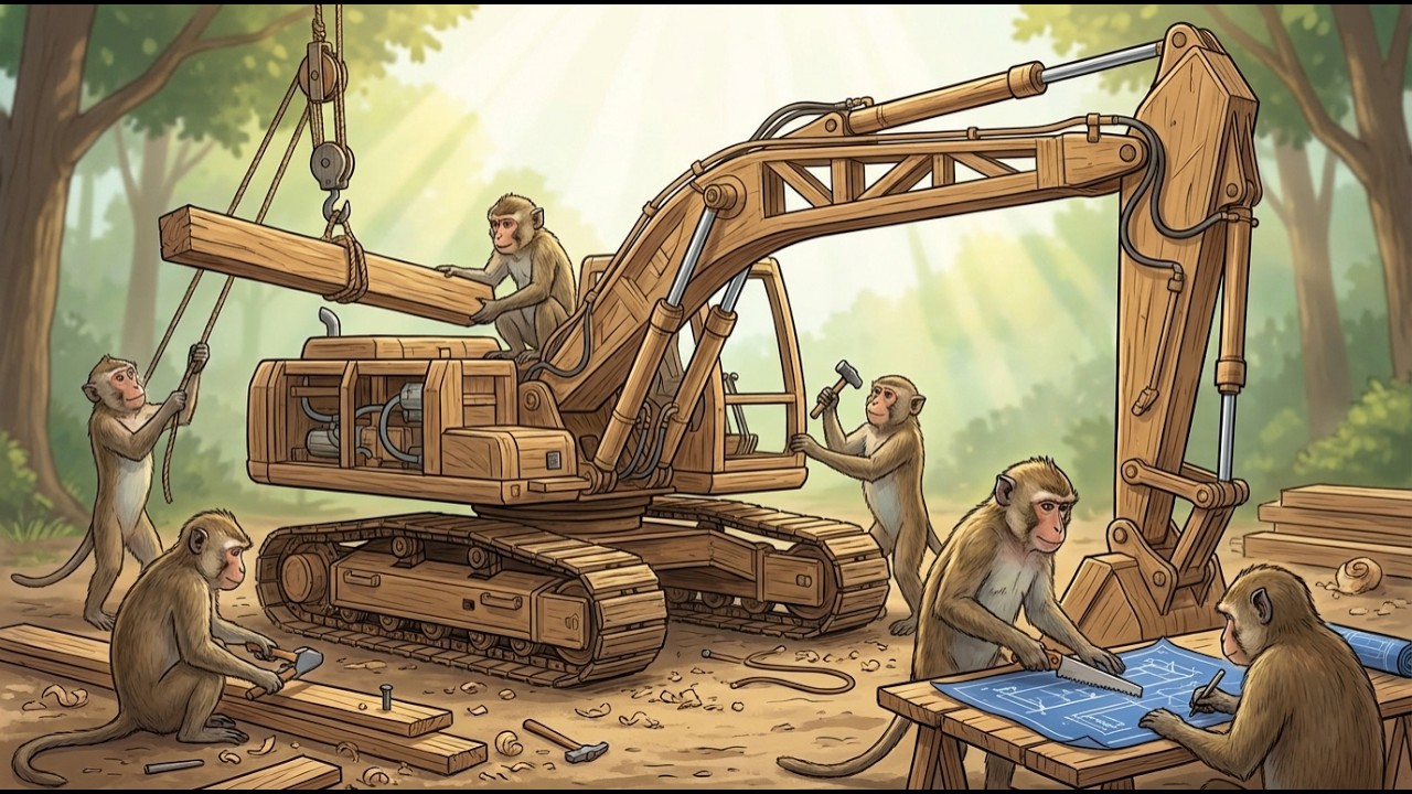 Can You Believe It? Indian Monkeys Build the World's First Wooden Hydraulic Excavator (4K)