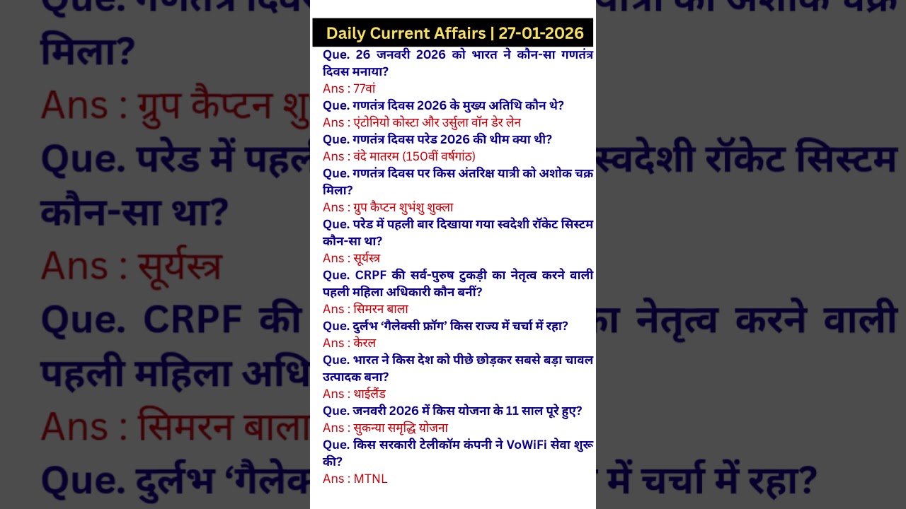 Daily Current Affairs GK | 27-01-2026 RRB NTPC GROUP D SSC BPSC GS| 