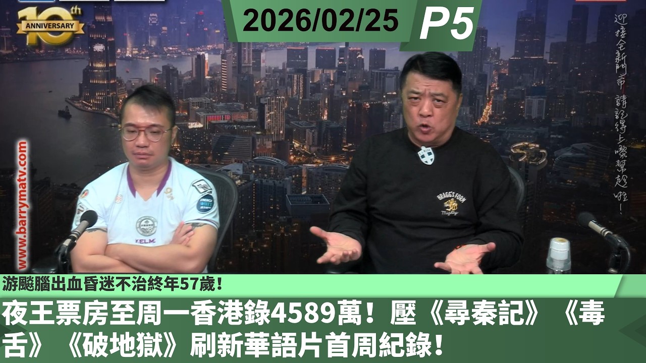 啤梨頻道 20260225 P5 夜王票房至周一香港錄4589萬！壓《尋秦記》《毒舌》《破地獄》刷新華語片首周紀錄！/游飈腦出血昏迷不治終年57歲！/丙午火馬年火氣特旺國與國人與人記住 《忍一時》！