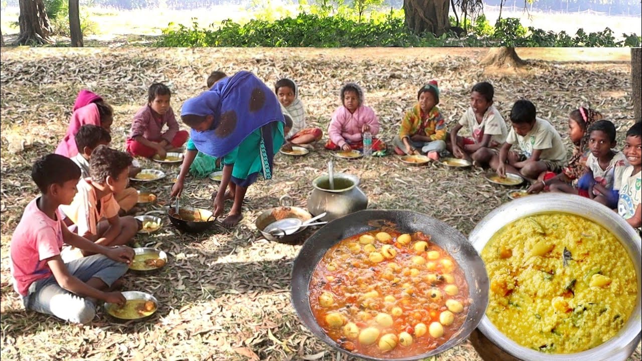 winter season picnic||special KHICHURI with ANDA CURRY recipe cooking and eating by tribe children's