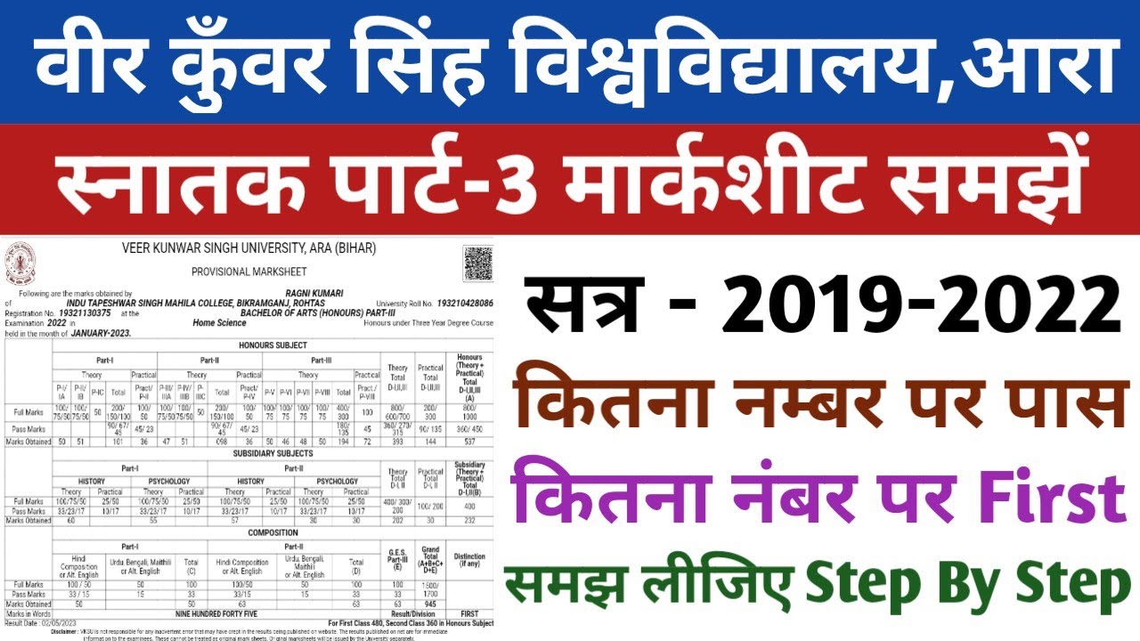 Vksu Part-3 Marksheet Session-2019-2022 समझें Step By Step | कितना नंबर पर First Division होता है