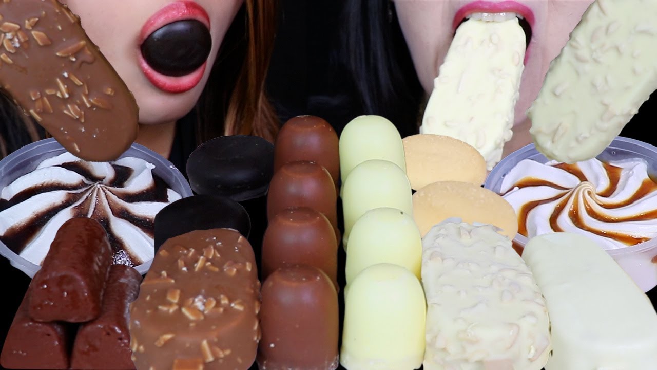 ASMR MINI MILK & WHITE CHOCOLATE MARSHMALLOWS, CARAMEL & CHOCOLATE ICE CREAM SUNDAE, BIG ALMOND BARS