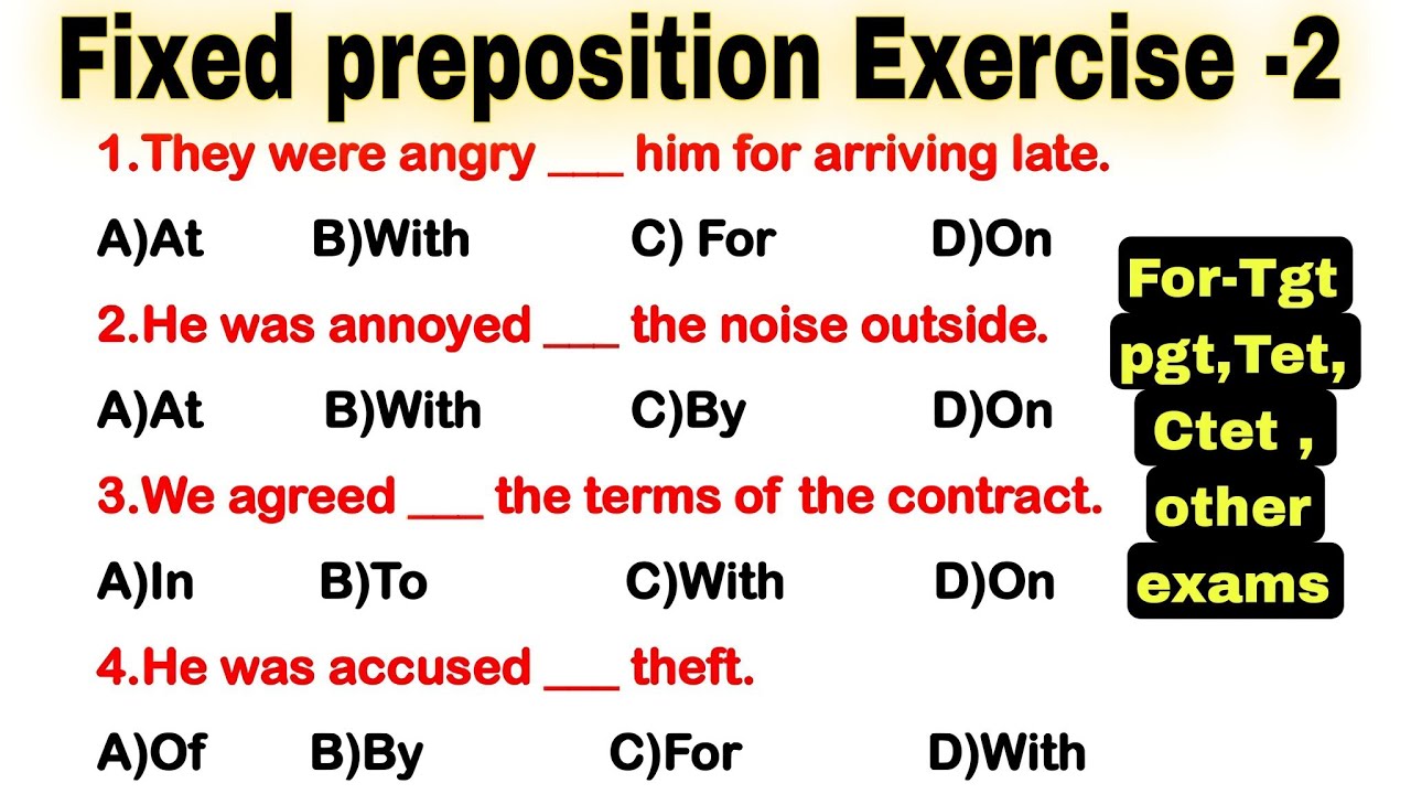 Top Fixed Prepositions Practice | Exercise 2 | TGT, PGT, CTET, UPTET, PRT