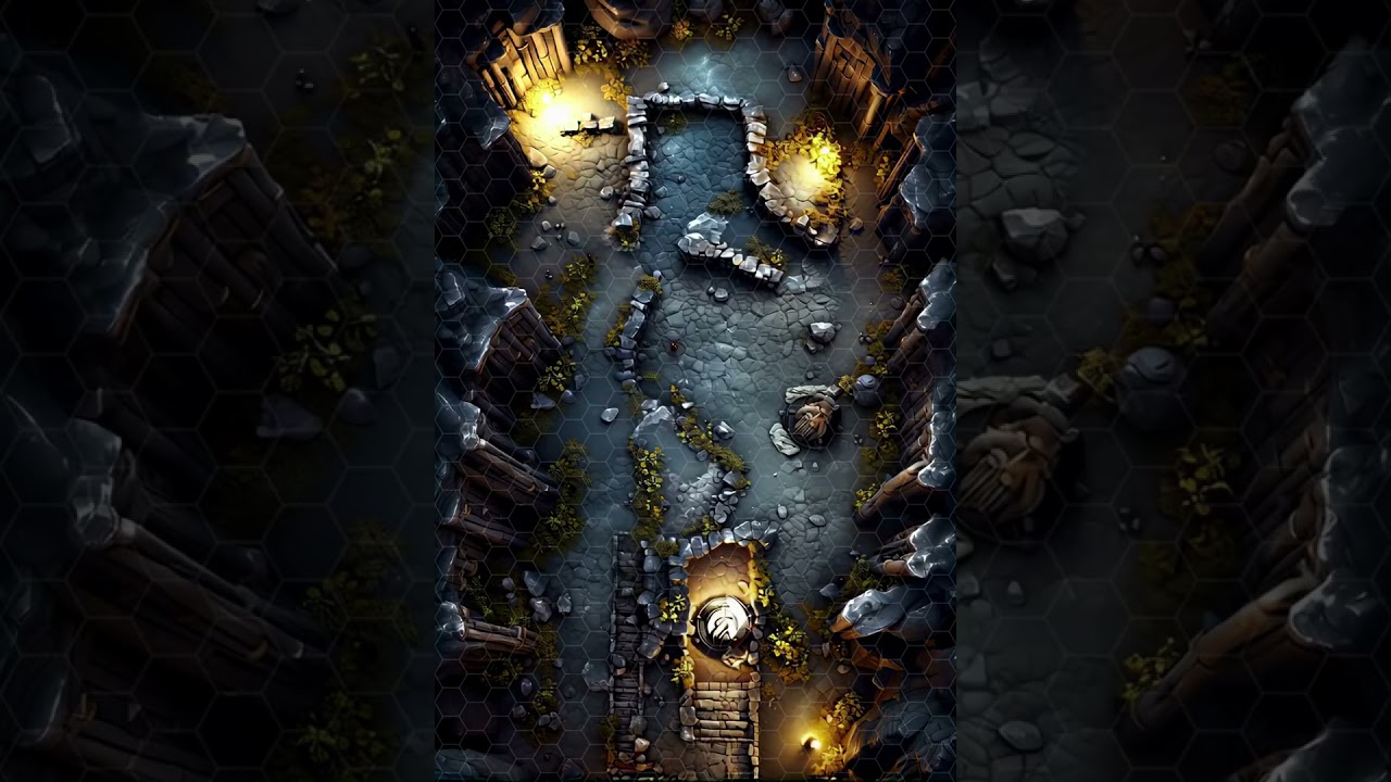 DnD compatible animated map _ Cave Entrance with Stone Archway _ hex grid _ ambience for VTT
