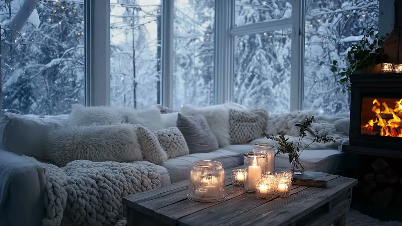 🎶 Peaceful Winter Lounge Piano Music | Cozy Candle & Gentle Snowfall Ambience | Relaxing Study Sleep
