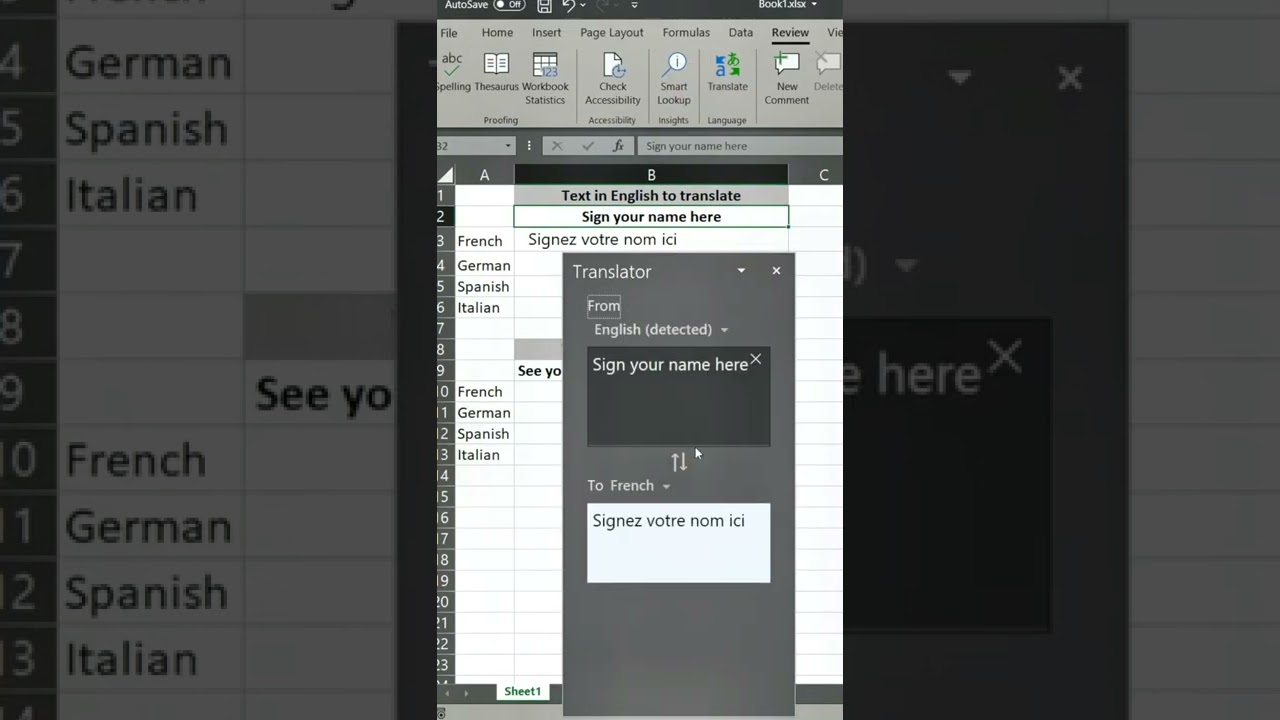 Excel English language translator