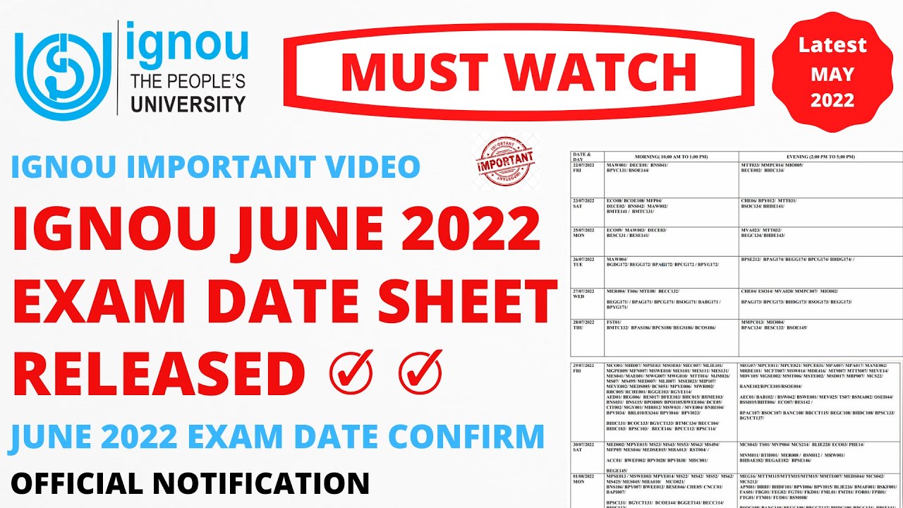 IGNOU June 2022 Exam Date Sheet Released | June 2022 Exam Date Confirm Official Notice