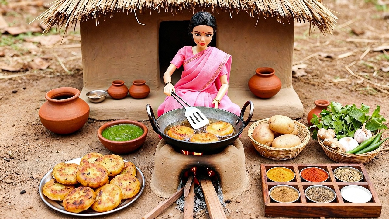Miniature Doll Aloo Tikki Cooking ASMR | Indian Village Tiny Kitchen Story