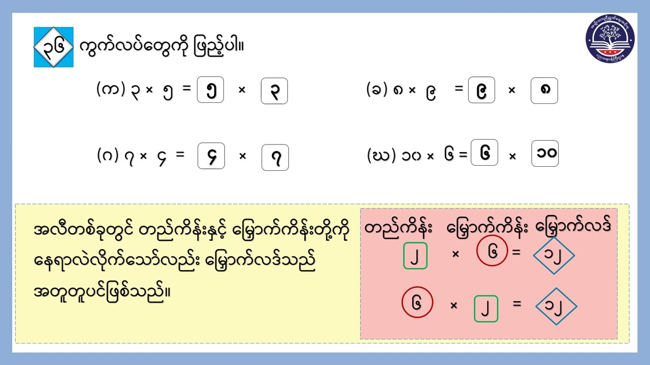 Grade 2 သင်္ချာ၊ အခန်း (၁၄) အမြှောက်၊  စာမျက်နှာ(၁၁၅ မှ ၁၁၉)၊ အပိုင်း (၈)