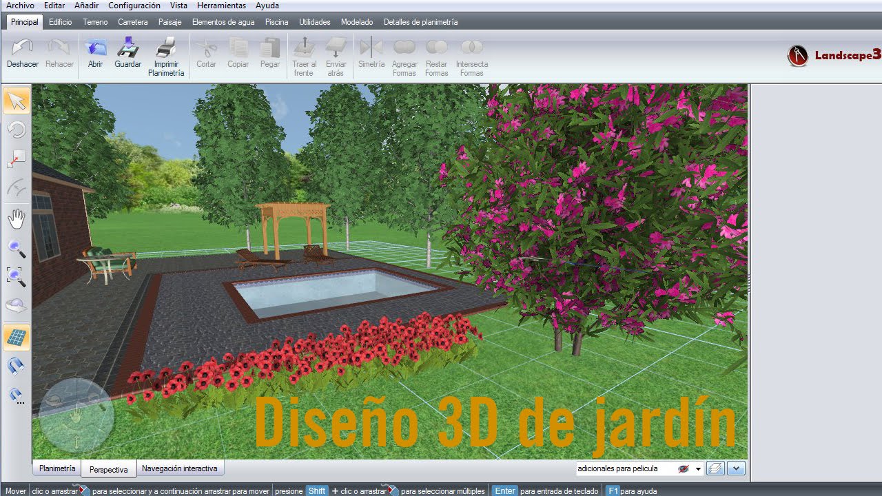 Diseño 3D de jardín y vivienda unifamiliar con Landscape3Design