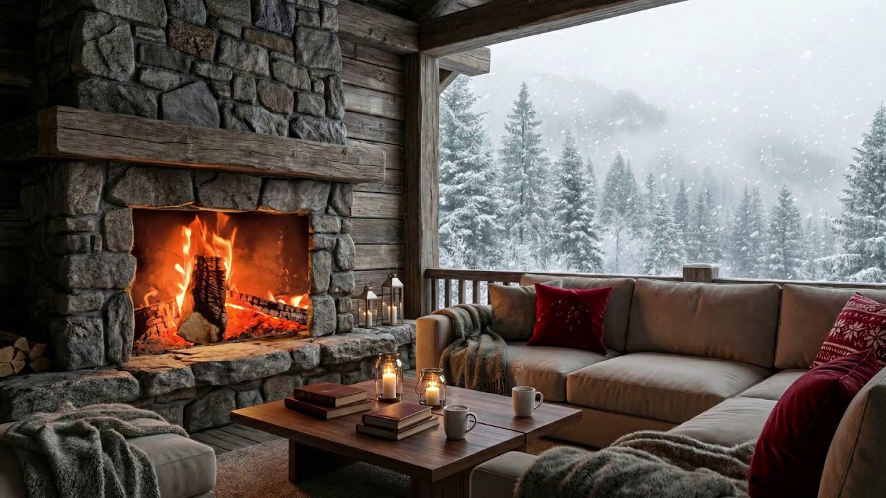 Winter Mountain Cabin 🎹 Gentle Jazz Piano & Fireplace for Study and Rest