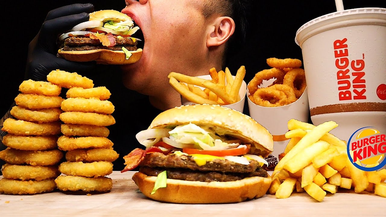 ASMR BURGER KING| DOUBLE WHOPPER WITH BACON ONION RINGS & FRIES **SATISFYING BIG BITES**