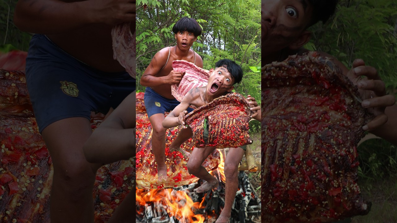 Survival Skills: Fire-Grilled Beef Ribs & Feast | Primitive Boy's Rainforest Guide!