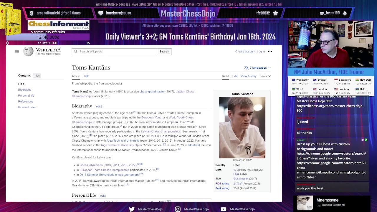 Daily Viewer's 3+2; GM Toms Kantāns' Birthday! Jan 16th, 2024