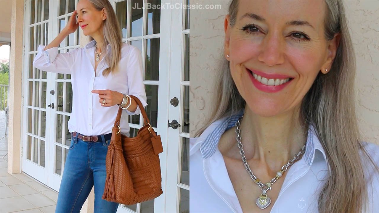 Ralph Lauren Collection RL Hobo Bag, Skinny Jeans, Oxford Shirt OOTD/ Classic Style Over 40, 50