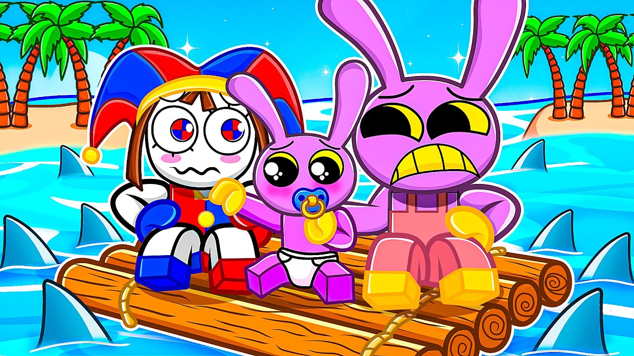 Pomni e Jax levam o Baby JAX para uma jangada no Roblox