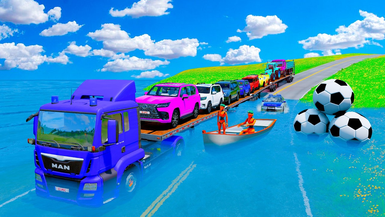 TRANSPORTING PIXAR CARS & FRUITS WITH COLORED & JOHN DEERE vs CLAAS vs TRACTORS - BeamNG.drive
