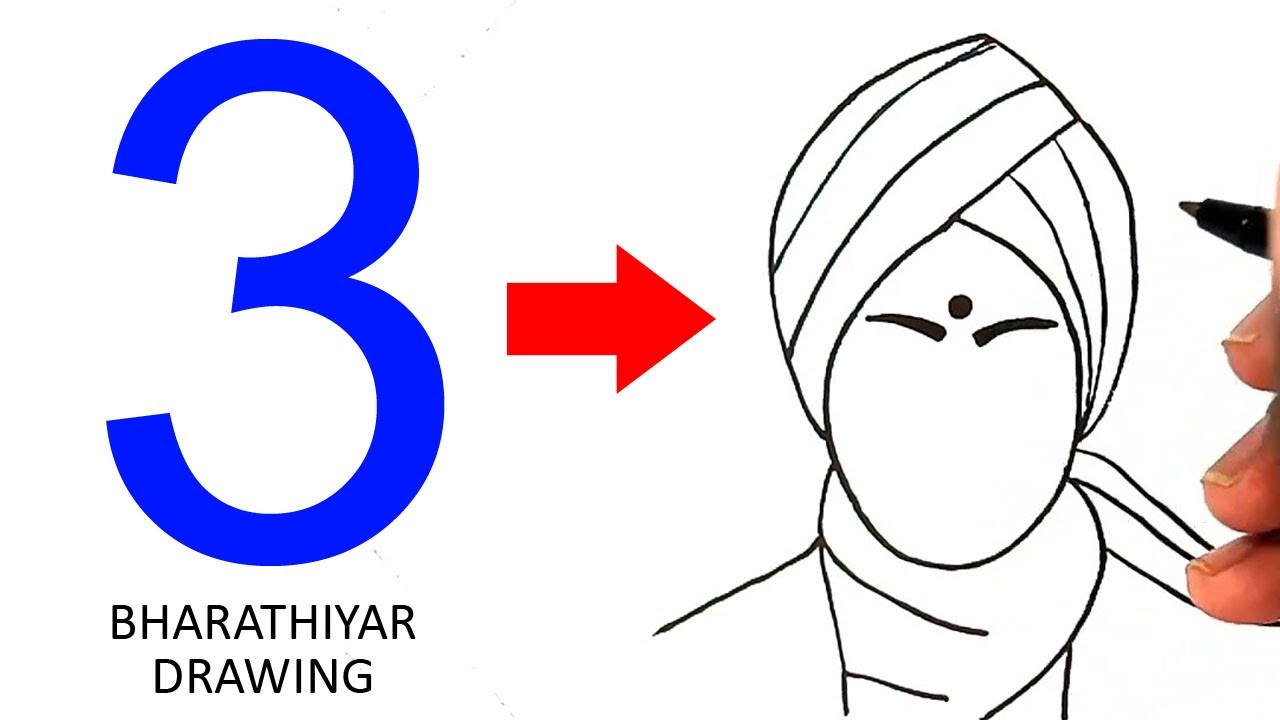 Turn number 3 into Famous Tamil poet Mahakavi Subramaniya Bharathiyar drawing easy for kids
