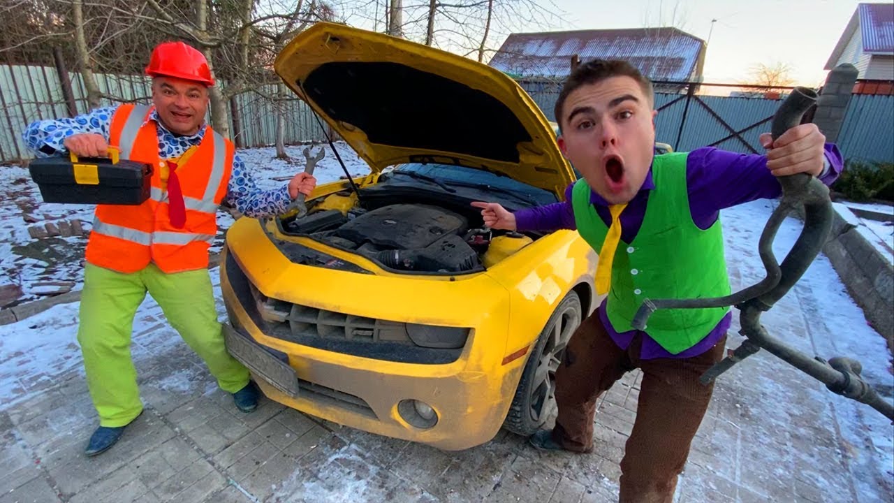 Mr. Joe on Broken Chevy Camaro in Car Service VS Older Mr. Joe tore off Spare Part under Hood 13+