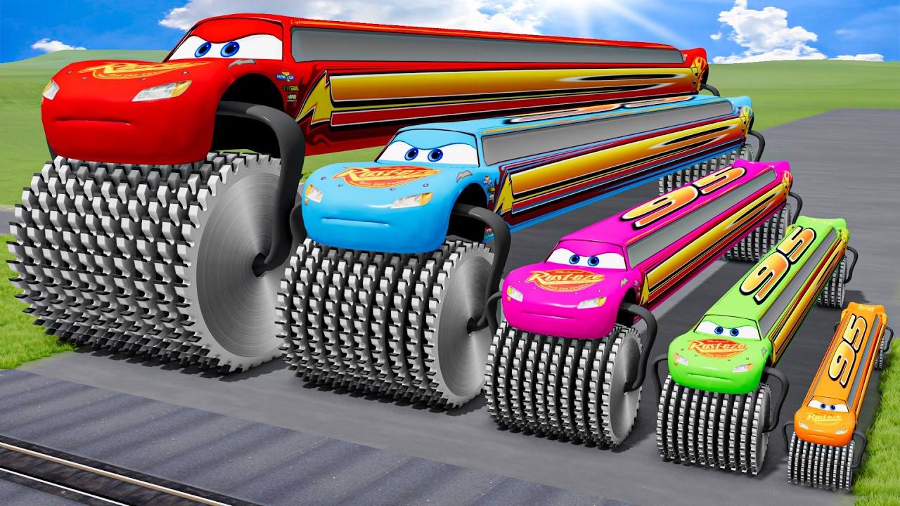 Big & Small Colors Long Lightning Mcqueen Double Monster Saw Wheels vs Trains | BeamNG.drive