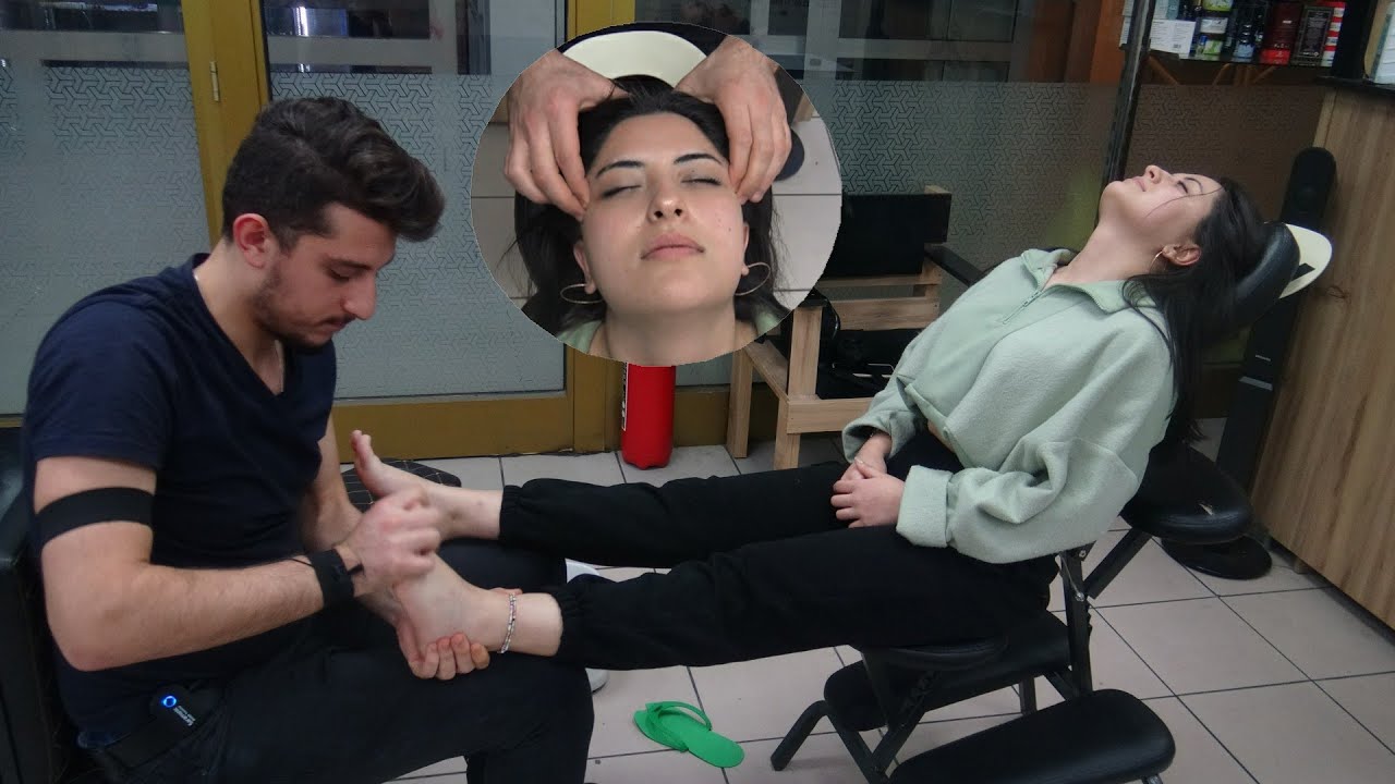 ASMR female foot massage & female chair eyebrow, throat, ear, face, leg, massage & bayan ayak masajı