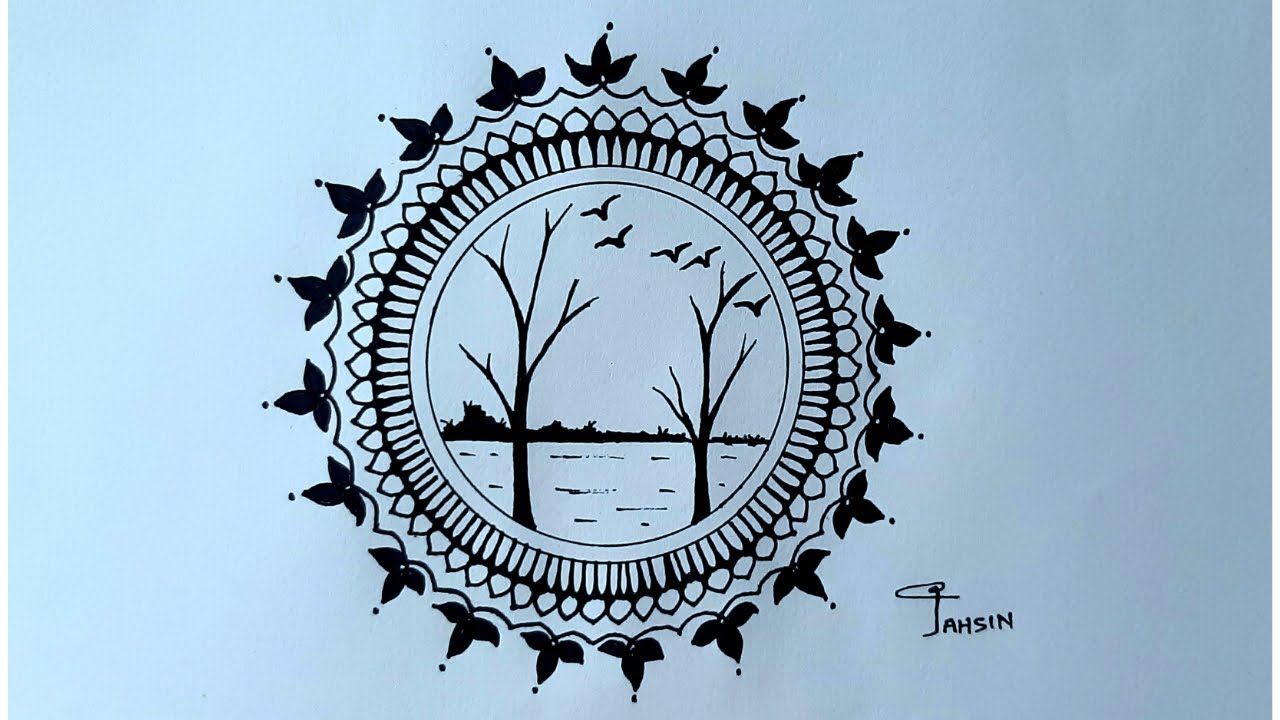 Simple and easy mandala art with scenery drawing