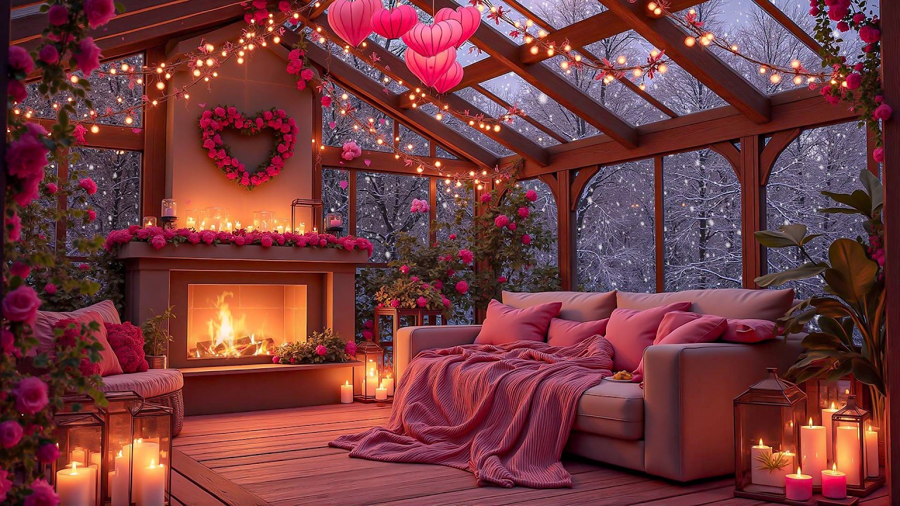 Pink Romance 2026 Snowy Porch Escape 💓🪟❄️ Soothing Jazz Piano & Cozy Fire Sounds