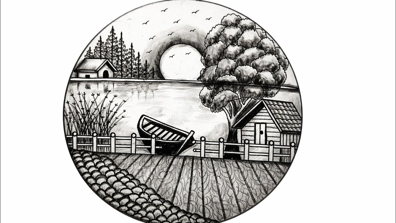 Peaceful Village River Drawing | Simple Pencil Scenery Art