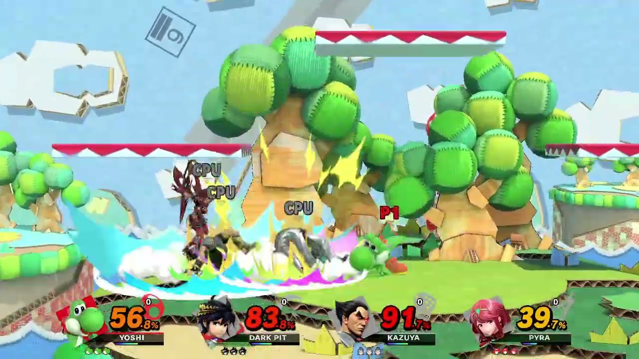Playing as Yoshi in a four player battle against other CPUs